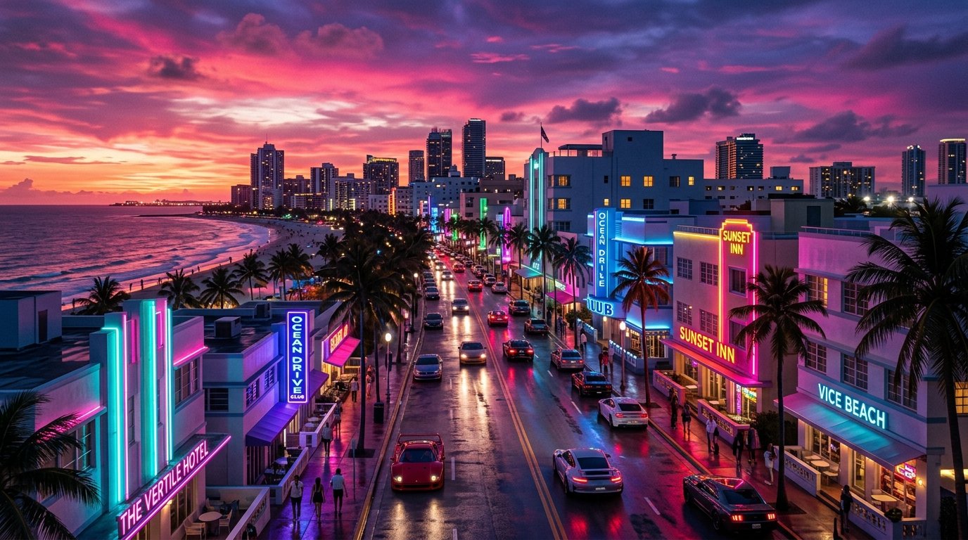 Vice City Ocean Drive Neon Skyline at Sunset